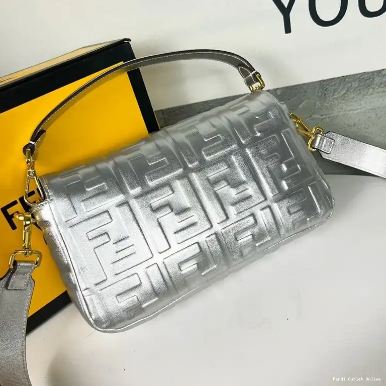Cheap Nappa Leather Bag Baguette Fendi Silver FF In Medium Motif 0622
